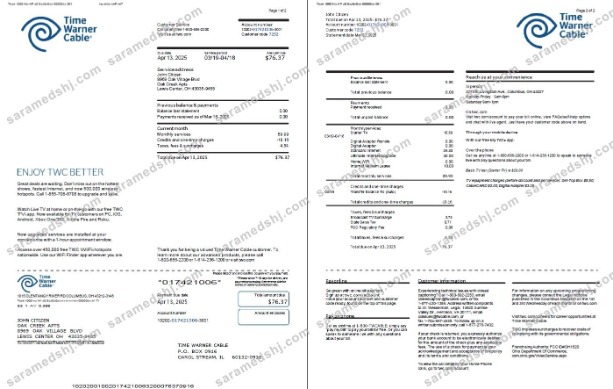 USA Time Warner Cable utility bill template in Word and PDF formats, 2 pages